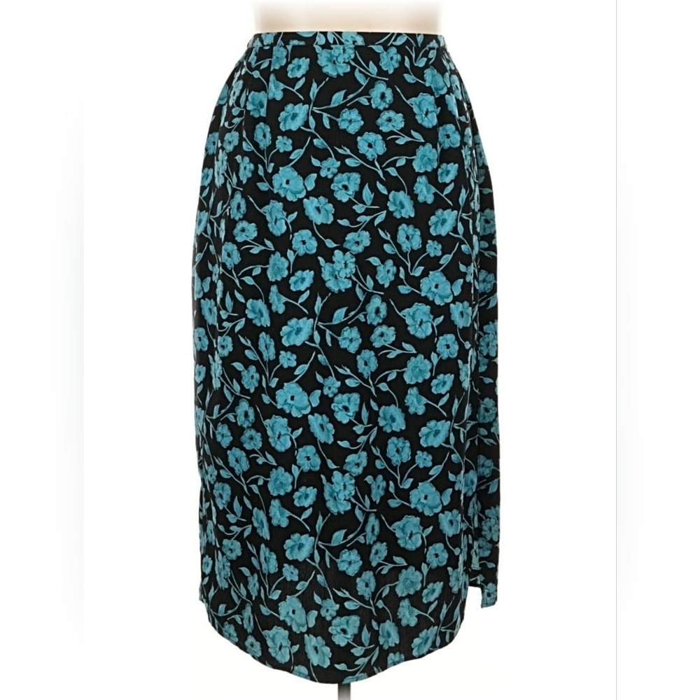 VINTAGE Floral Black and Blue Skirt Midi Length Women's Office Wear